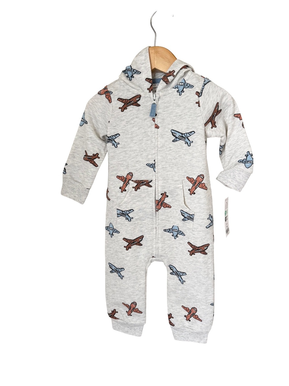 Carter's Grey Hooded Airplane Print One-Piece Romper 9 Months